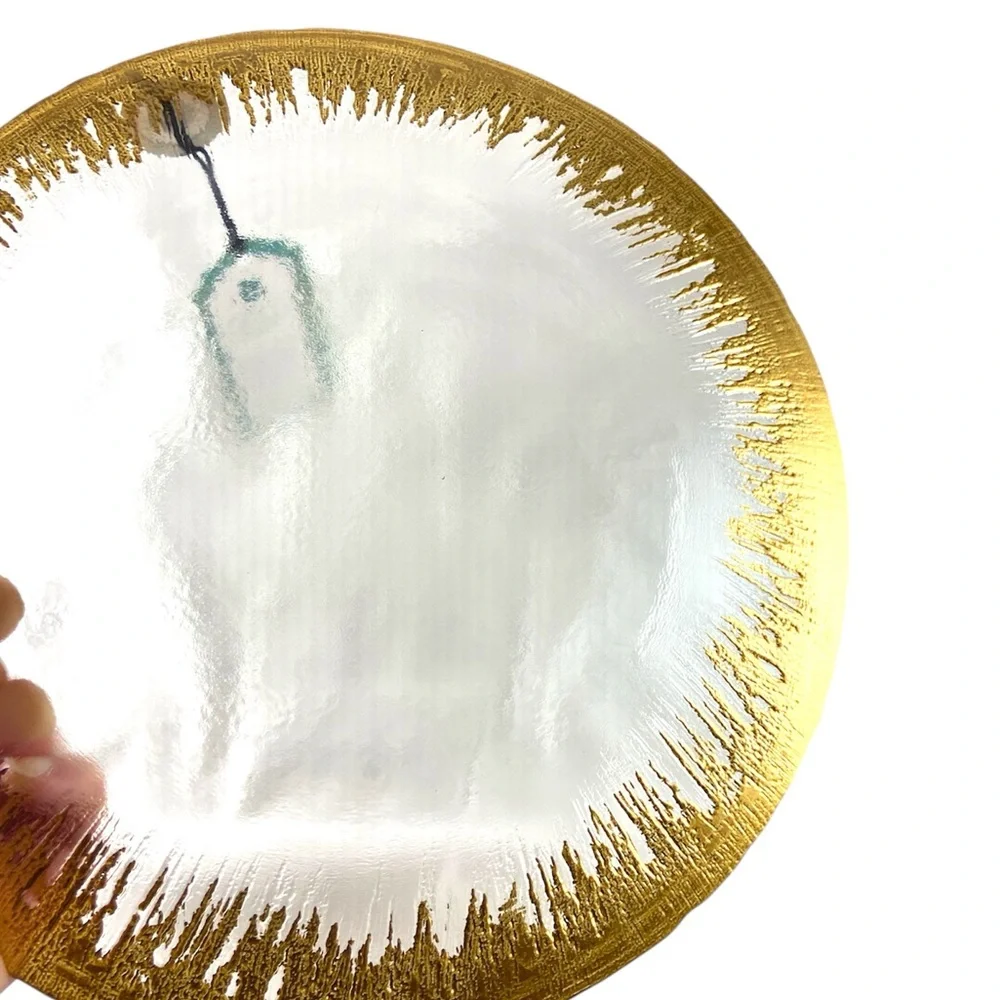 Set of 4 Handcrafted Turkish Glass Dinner Plates‎ Clear Gold Gilded Edge 11” NWT